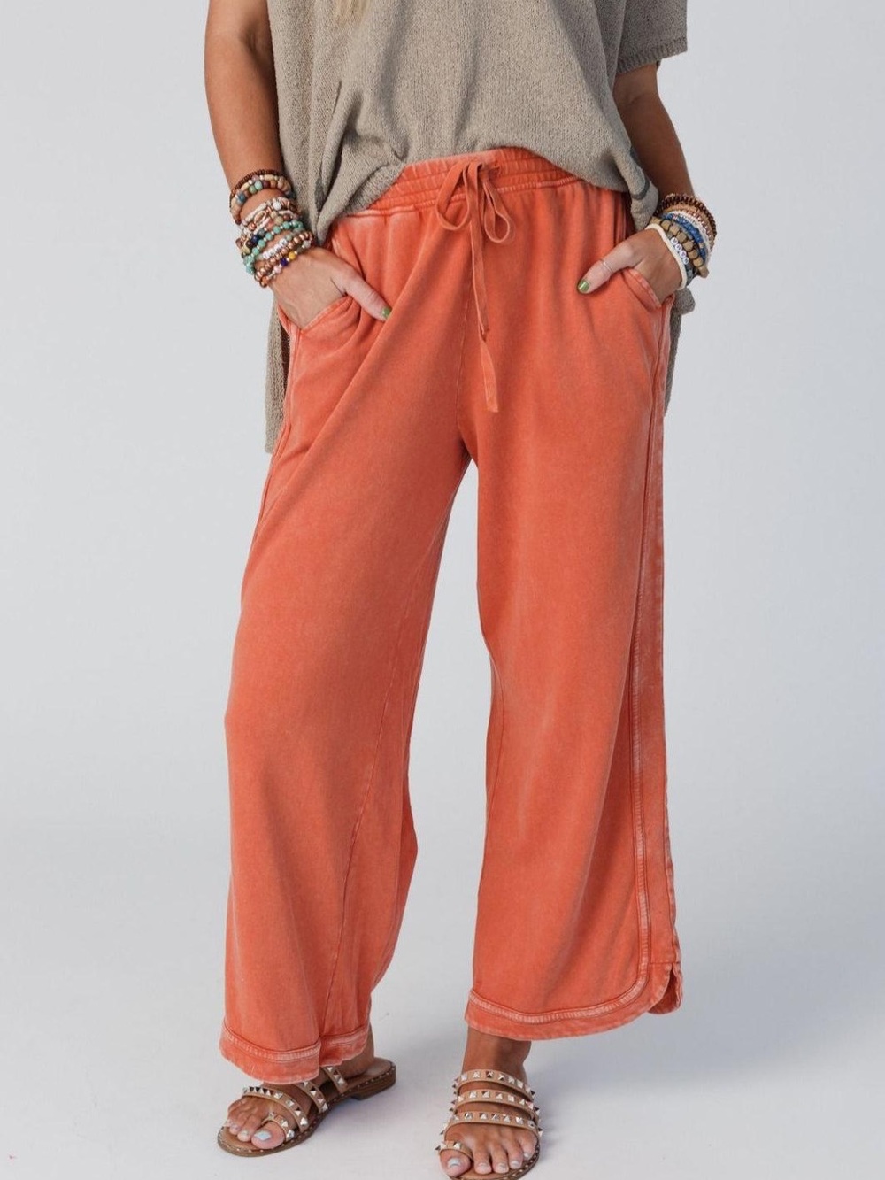 Three Bird Nest So Comfy Wide Leg Pants M Faded Rust Cropped Boho Drawstring